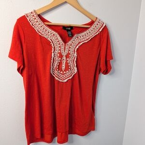 Style & Co Red‎ Embellished Neckline Short Sleeve Top Women’s 1X